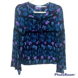KIMCHI BLUE Floral Blue Purple Long Sleeve Peasant Top Sz M